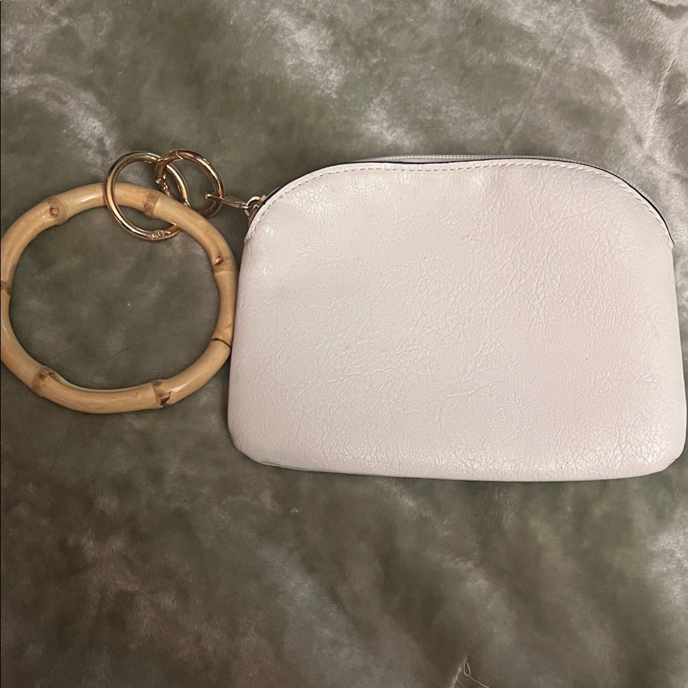 White Leather Wristlet with Bamboo Ring